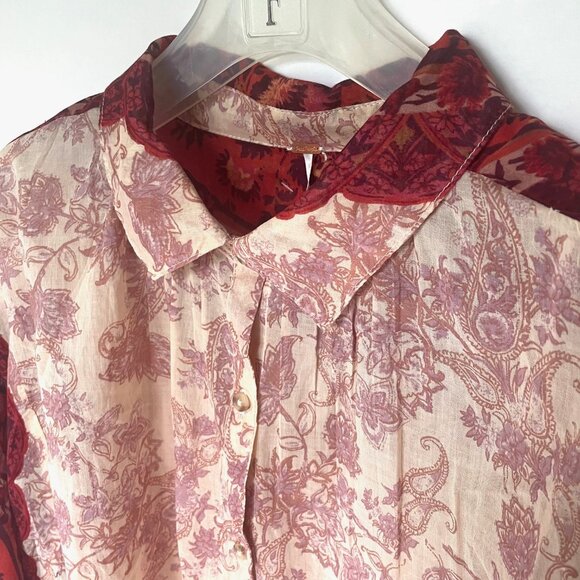 Free People Rose Bud Paisley Cotton Oversized Boho Blouse Red Cream Lightweight - Picture 6 of 13